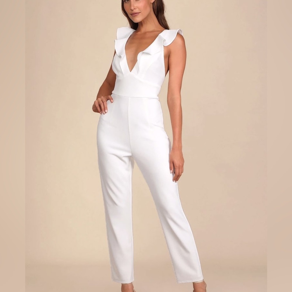 Lulus Leilani White Ruffled Jumpsuit, Size L